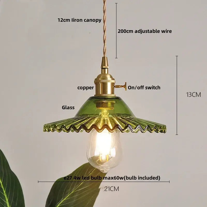 Green textured glass pendant light with copper fixture and adjustable wire suspension for decorbites amber glass decor