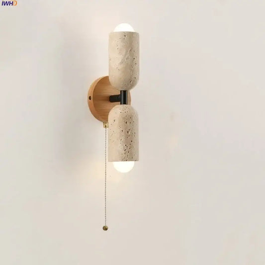 Beige textured concrete and wood led wall light with black metal accents for bedroom decorbites led wall sconce