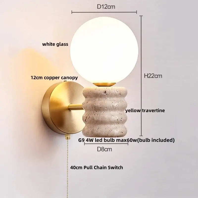 Modern wall light with white glass globe, 12cm copper canopy, and textured yellow travertine base decorbites led wall light