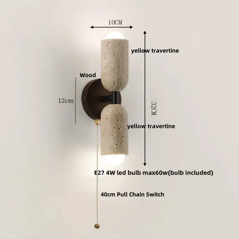 Yellow travertine wall light with textured stone finish and dual cylindrical shades on dark wood base for bedroom decorbites led wall light
