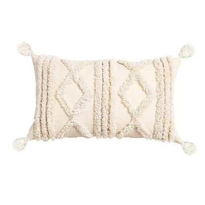 Cream-colored rectangular cushion cover with textured geometric patterns and decorbites beige tassels for living room decor