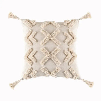 Beige tassels cushion cover with textured geometric pattern and tassels at each corner for living room decorbites decor