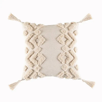 Cream-colored textured beige tassels cushion cover with diamond patterns and tassels for living room decorbites decor