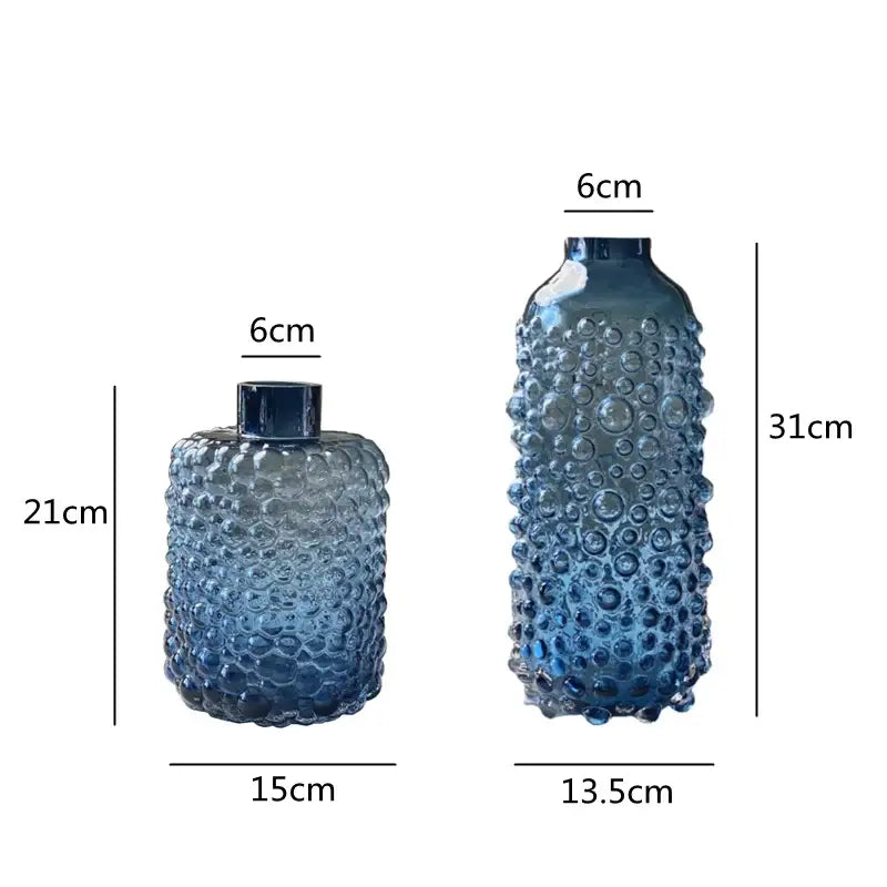 Two blue glass flower vases with textured bubble surface and darkened rims for living room hydroponic decorbites clear glass