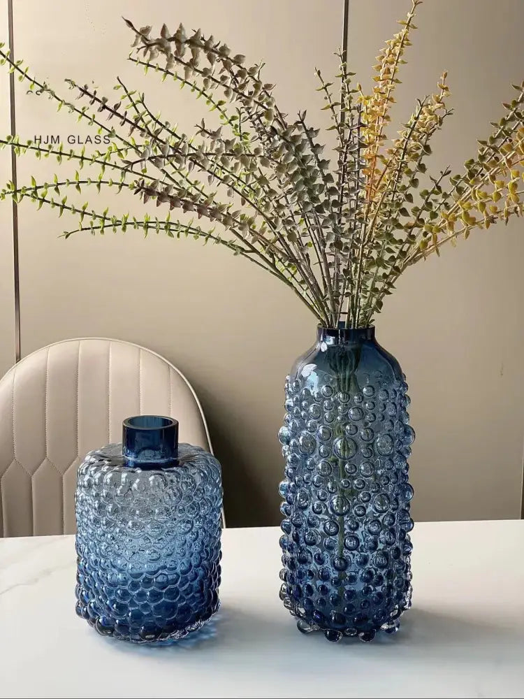 Two blue glass flower vases with textured bubble surface decorbites clear glass for living room hydroponic decor