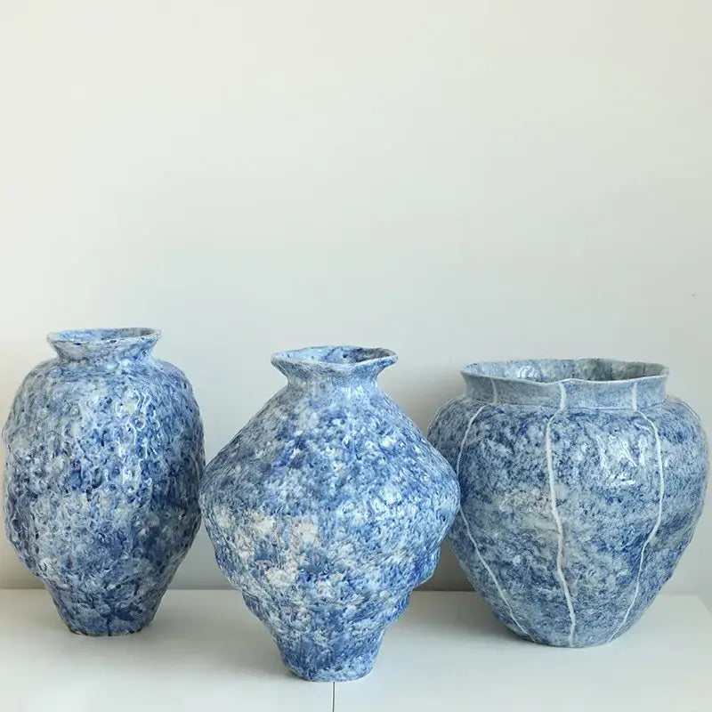 Three handcrafted decorbites blue ceramic vases with textured speckled glaze for ceramic vase hydroponic living room decor