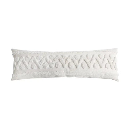 White textured throw pillow with woven geometric pattern and frayed edges complementing decorbites blue geometric cushion cover
