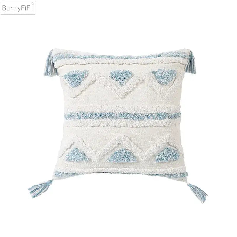 Bunnyfifi cream cushion cover with light blue decorbites blue geometric embroidery and tassels for living room decor