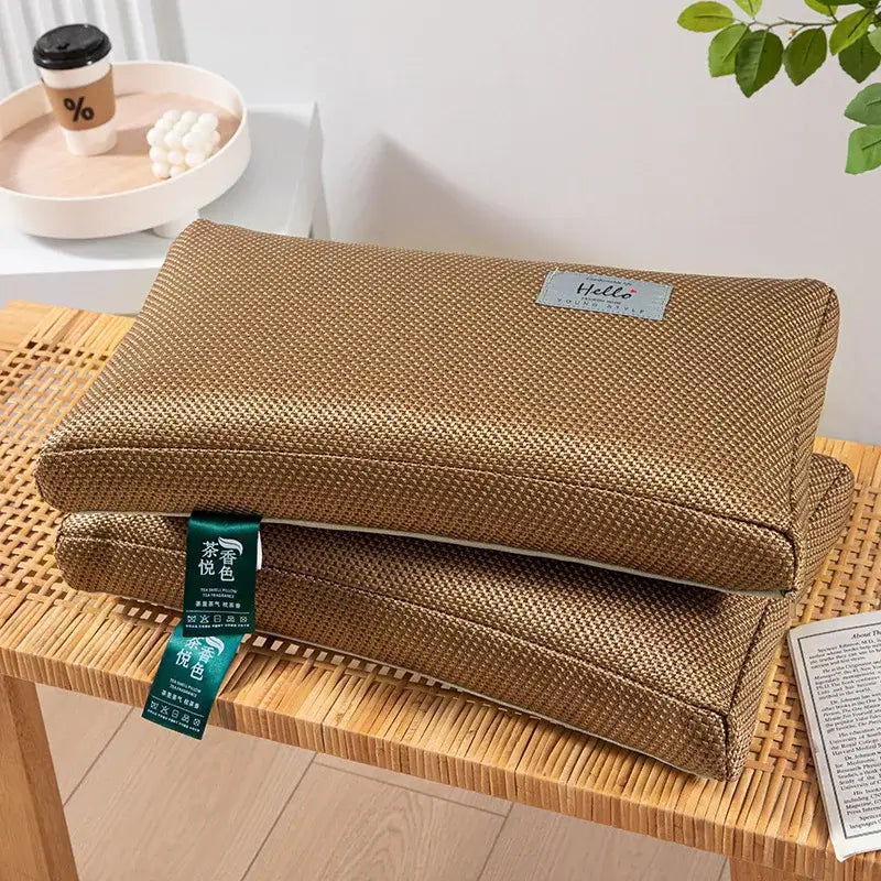 Brown woven cooling cervical pillowcase with subtle texture and silver label by decorbites cooling cervical pillow