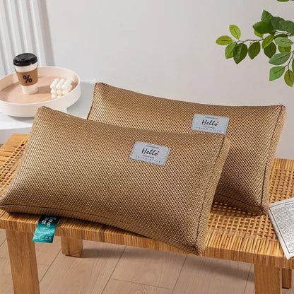 Two beige textured woven fabric pillowcases with decorbites cooling cervical pillow for bedroom sleep health decorbites cooling