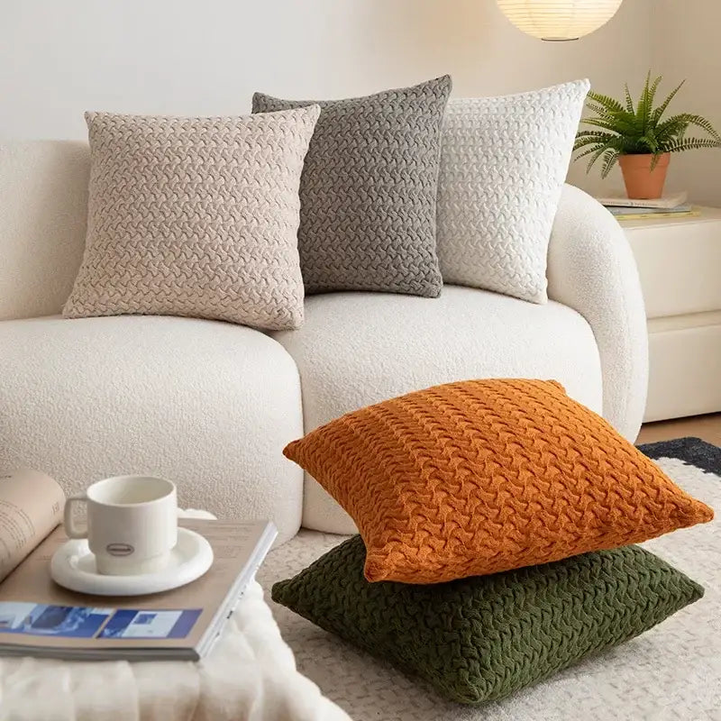 Set of four cozy textured cable knit cotton pillow covers in beige gray white orange and green for living room decor