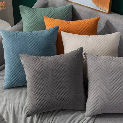 Set of six textured chevron cushion covers in teal and blue tones ideal for living room decorbites blue wave decor