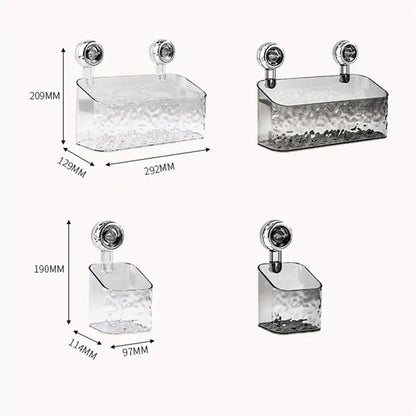 Textured clear acrylic suction cup bathroom shelf storage rack with a clear textured plastic soap dish and chrome suction cup