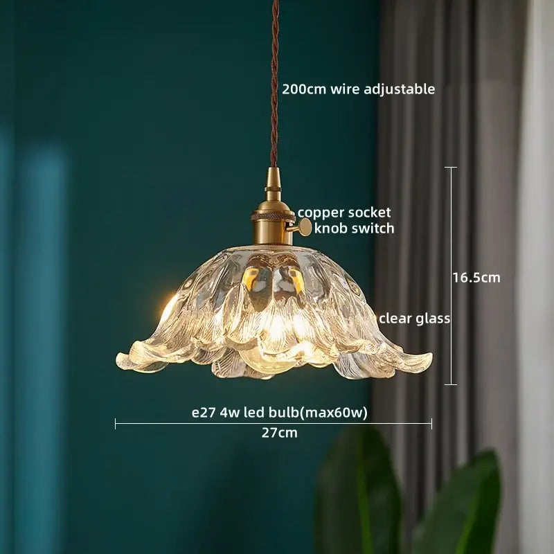 Textured clear glass led pendant light with brass copper socket and knob switch featuring elegant petal design decorbites clear glass