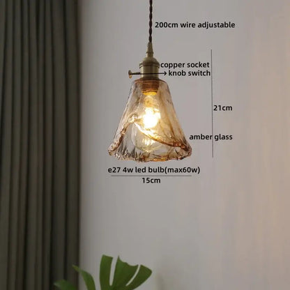 Amber glass pendant light with copper socket and knob switch for decorbites clear glass led kitchen fixture
