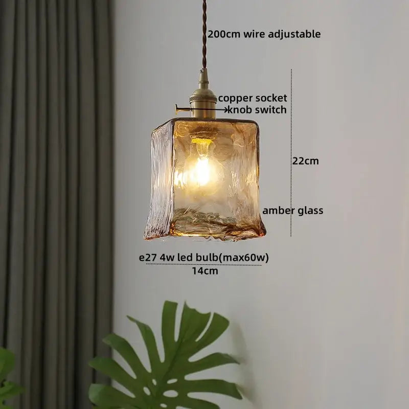 Amber glass pendant light with a copper socket and knob switch for decorbites clear glass led kitchen fixture