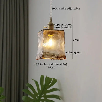 Amber glass pendant light with a copper socket and knob switch for decorbites clear glass led kitchen fixture