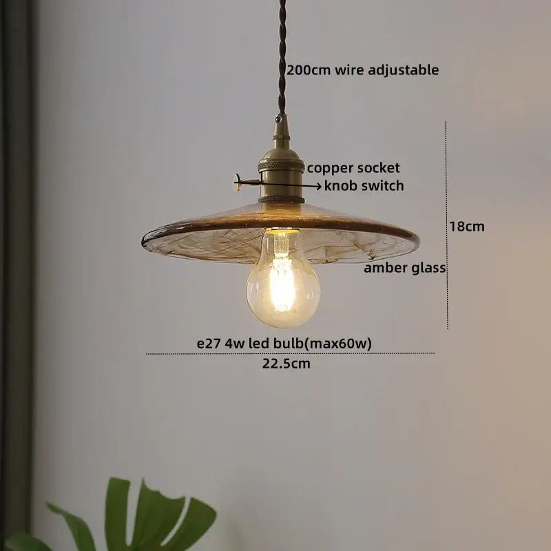 Vintage-style pendant light with copper socket knob switch and amber glass shade for decorbites clear glass led lighting