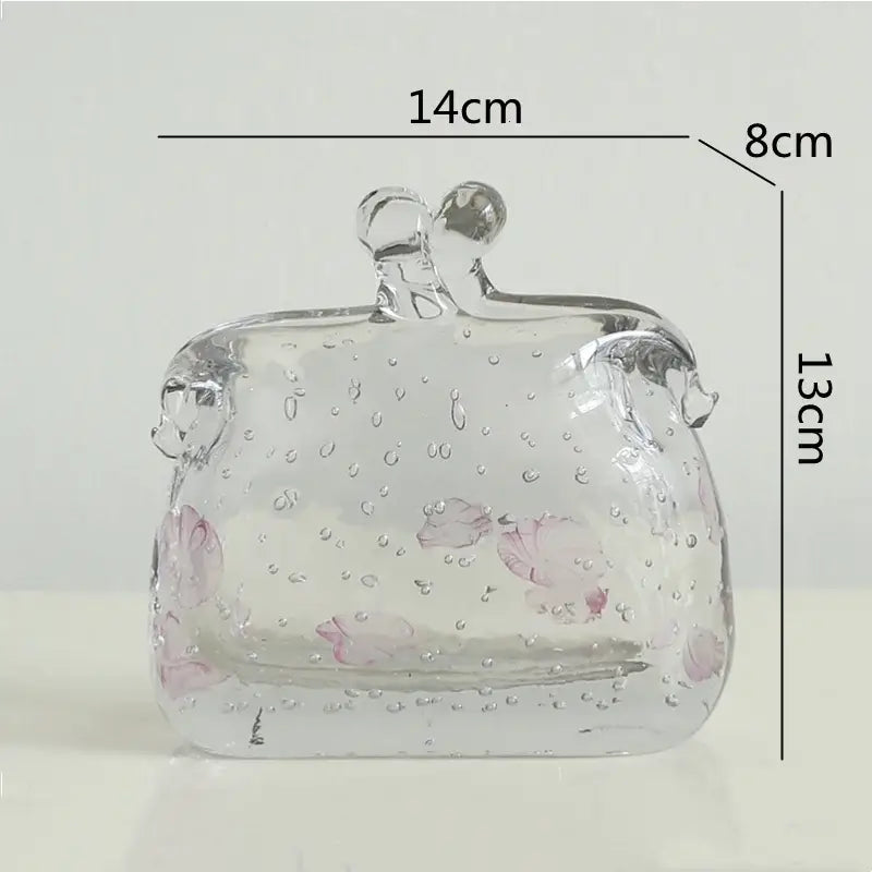 Clear glass clutch with pink cherry blossom patterns and bubbles featuring a silver clasp for decorbites clear glass use