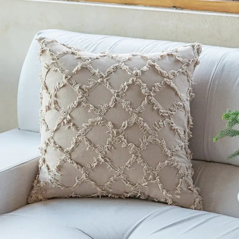 Beige cotton diamond cushion cover with textured frayed fabric accents from decorbites cotton diamond set for living room decor
