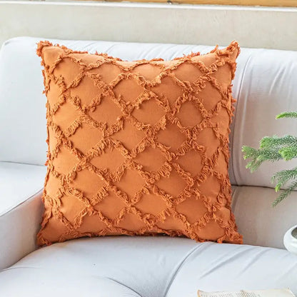 Orange throw pillow cotton diamond cushion cover with textured frayed diamond pattern for decorbites living room decor