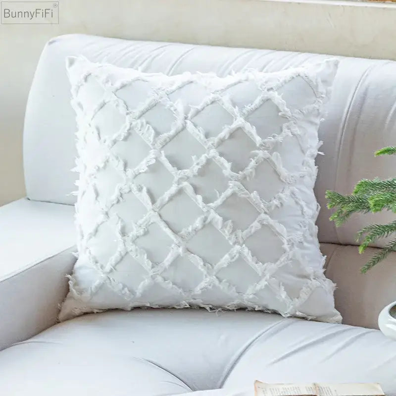 White textured cotton diamond cushion cover with frayed edges for decorbites cotton diamond living room decor