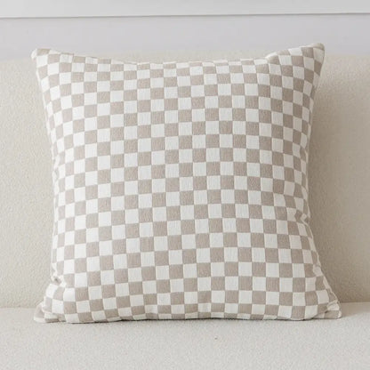 A square pillow cover with classic beige and white checkered pattern made from textured fabric by decorbites comfort woolen
