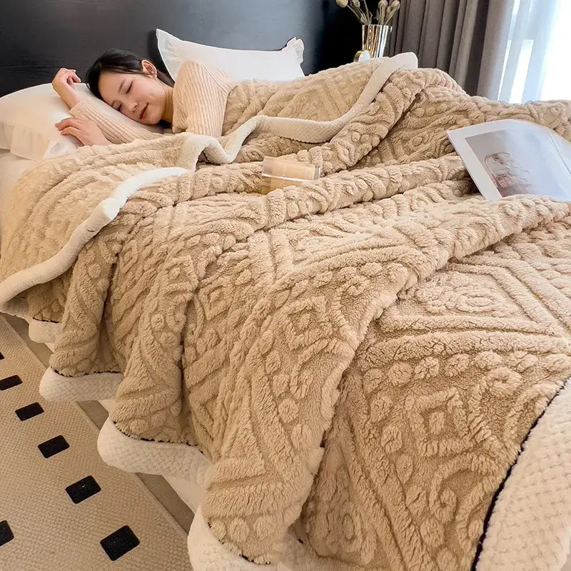 Beige plush textured coral fleece warm blanket with diamond knit design soft white inner lining and black trim decorbites