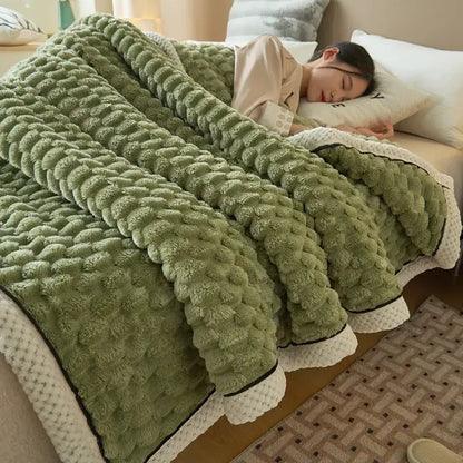 Soft olive green plush blanket with textured puffball pattern and white knit trim complementing decorbites coral fleece warm blanket