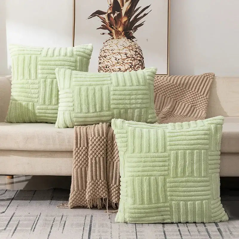Light green textured throw pillows with a woven geometric design perfect cushion covers for living room decorbites geometric design