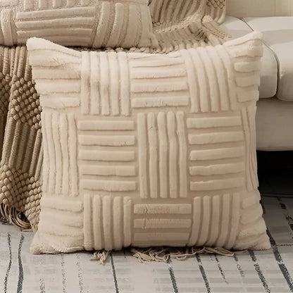Beige textured throw pillow with a woven ribbed pattern and fringed edges for decorbites geometric design cushion covers