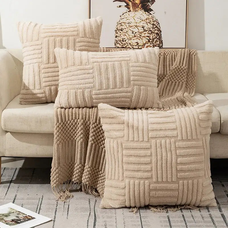 Beige textured throw pillow cushion covers with decorbites geometric design and fringed edges for living room decor
