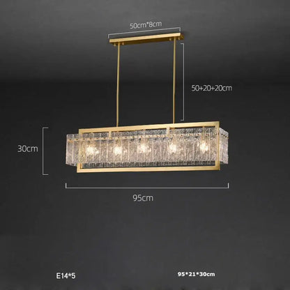 Gold framed rectangular textured crystal decorbites dimmable led copper glass chandelier with five e14 bulbs for living room