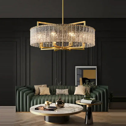 Gold-toned textured crystal dimmable led copper glass chandelier with cascading strands and modern frame for living room decorbites dimmable led