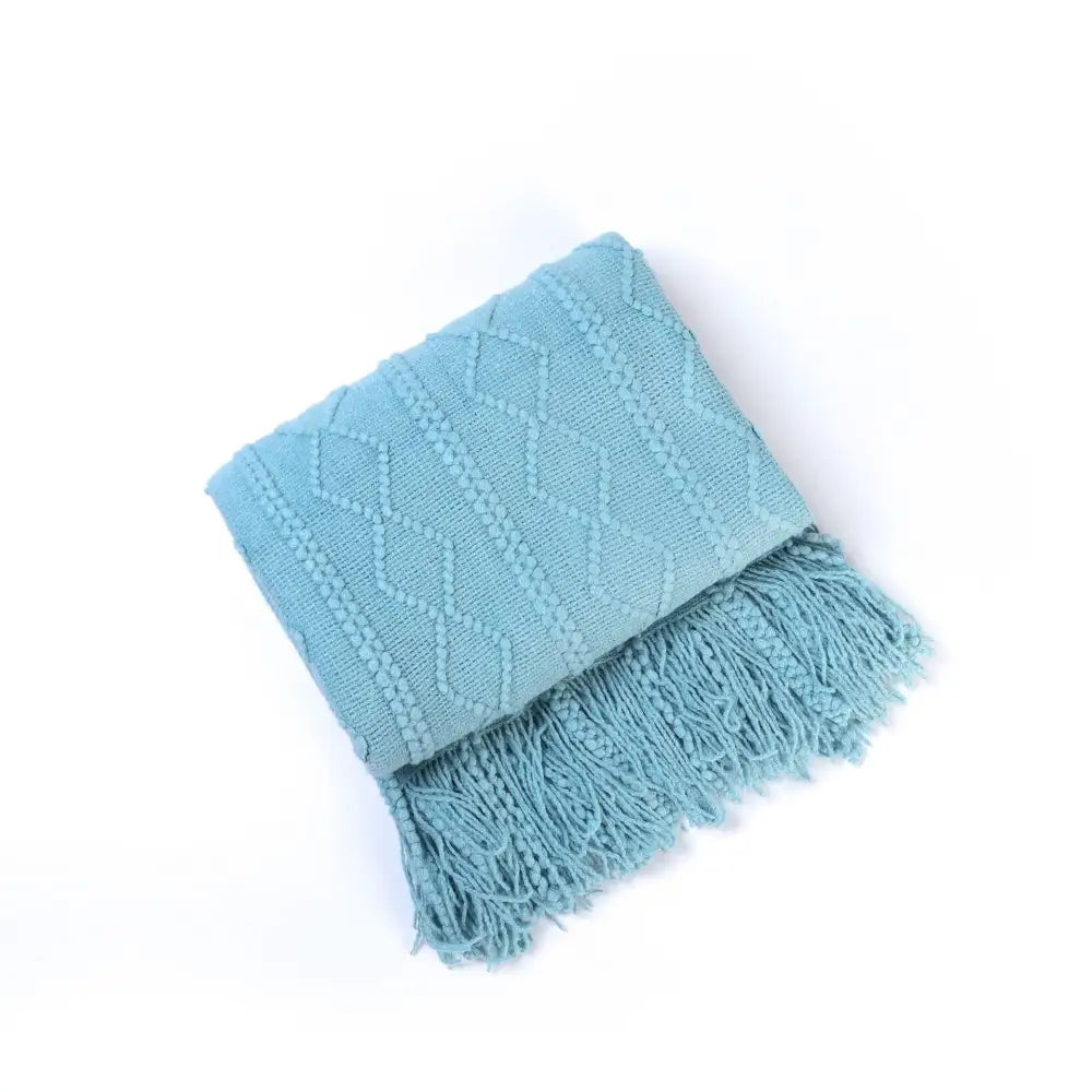 Soft light blue textured diamond knit throw blanket with tassels by decorbites cozy knit for living room decor