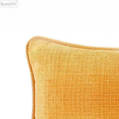 A mustard-yellow textured earthy tones cotton linen pillow cover with woven pattern for living room decorbites cushion cover