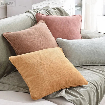 Set of four textured earthy tones cotton linen pillow covers in terracotta dusty rose sage green and mustard yellow for living room decorbites cushion cover
