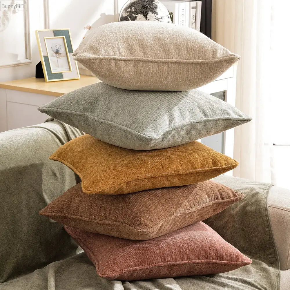 Stack of five cotton linen pillow covers in earthy tones with textured fabric for living room decorbites cushion cover set