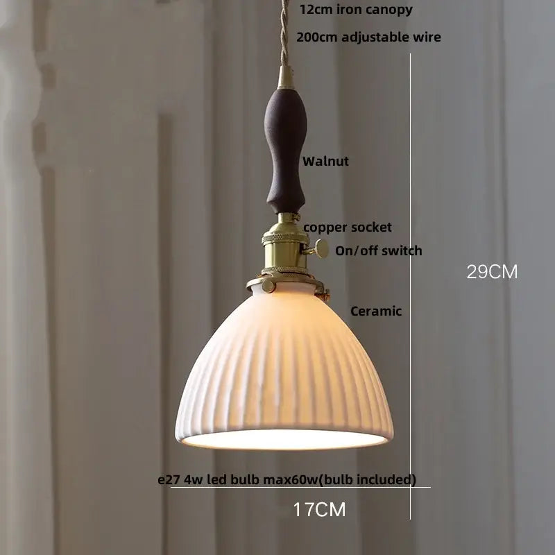 Vintage-style pendant light with ribbed ceramic shade brass copper socket and dark walnut iron canopy for decorbites clear glass led lighting