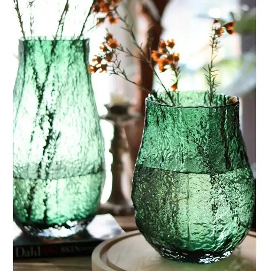 Two textured frosted green transparent glass vases with crackled finish for decorbites living room decor