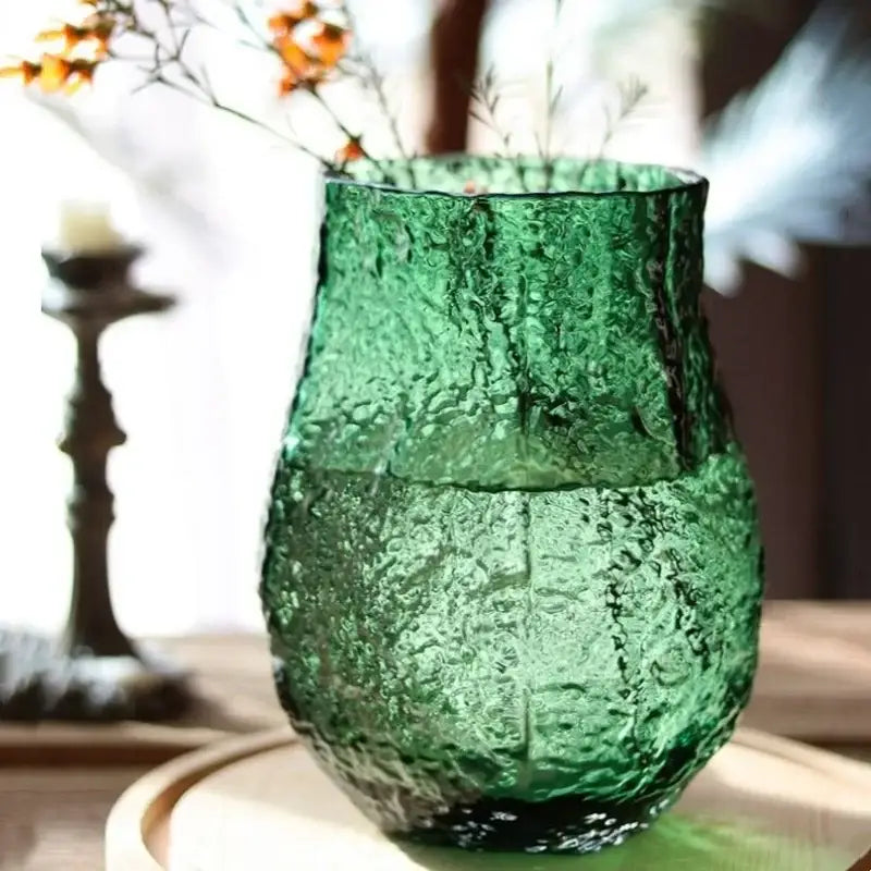 Textured frosted emerald green transparent glass vase with rustic handcrafted decorbites green transparent design for living room decor