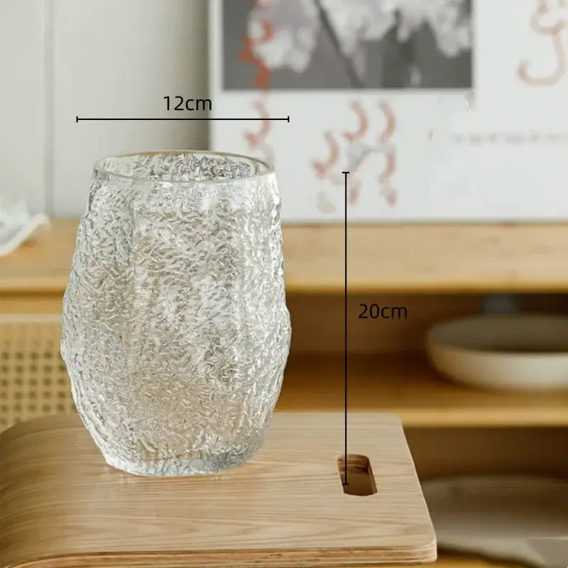 Clear textured frosted green transparent glass vase 12cm wide by 20cm tall for decorbites living room decor