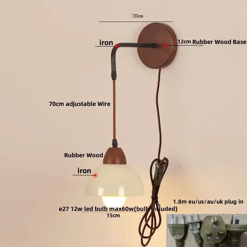 A rustic decorbites adjustable led wall light with warm rubber wood base, iron arm, and frosted textured glass shade