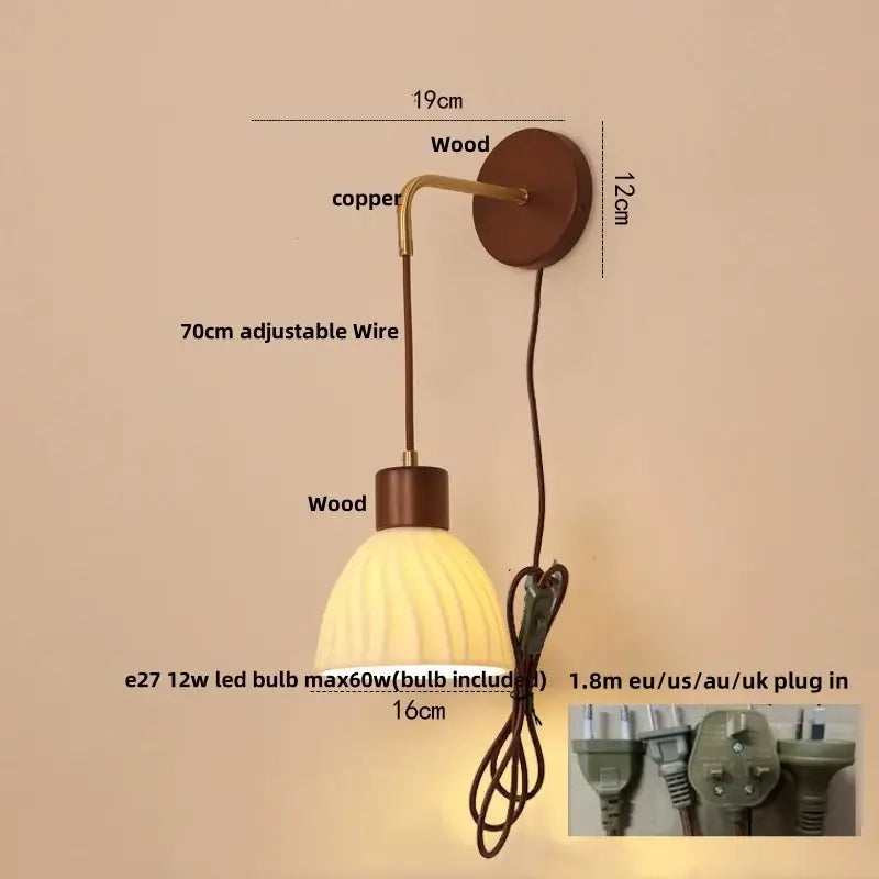 Warm-toned ribbed glass lampshade on copper arm wood base decorbites adjustable led wall bedroom sconce light