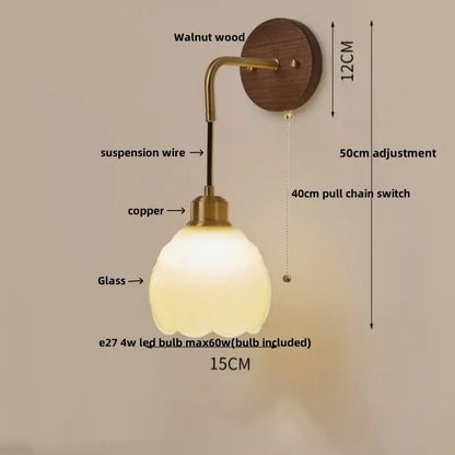 A decorbites adjustable led wall light with warm frosted glass, brass copper finish, and walnut wood mounting plate