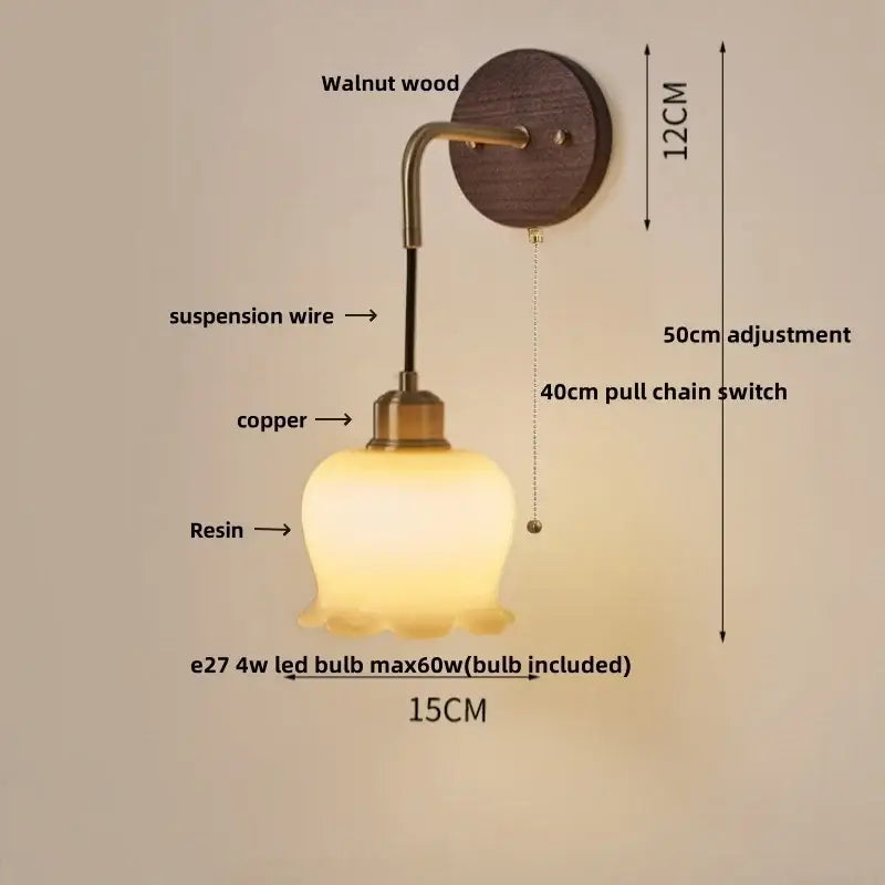 Warm-toned resin lampshade decorbites adjustable led wall light with copper stem and walnut wood wall plate for bedroom decor