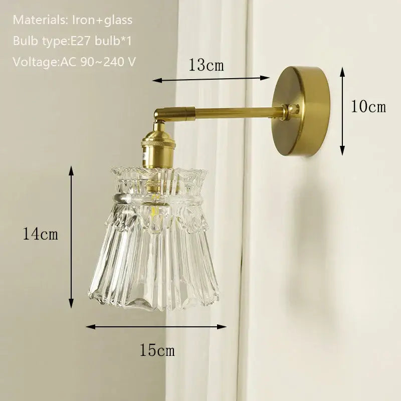 Clear fluted glass lampshade wall sconce with brass-finished iron arm for decorbites brass mirror bedroom decor