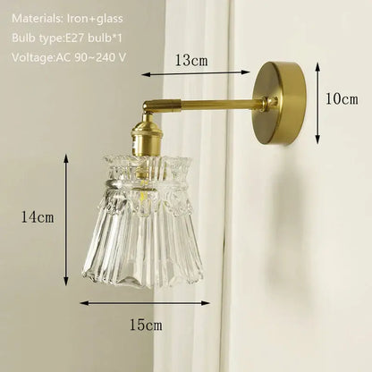 Clear fluted glass lampshade wall sconce with brass-finished iron arm for decorbites brass mirror bedroom decor