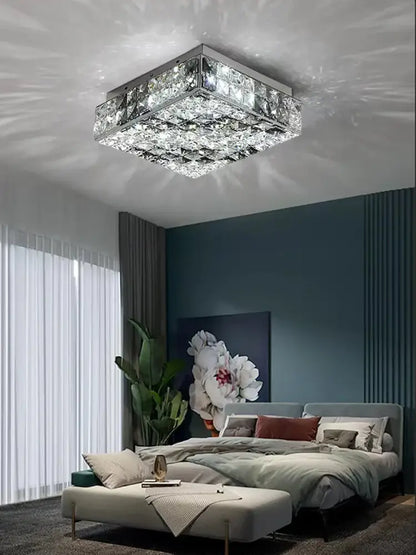 Textured gold crystal led rectangle chandelier with square crystal ceiling light and reflective chrome frame decorbites crystal led