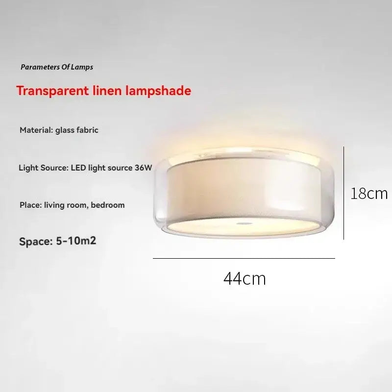 Transparent linen lampshade ceiling light with sleek cylindrical design and glass fabric in textured gold and white finish